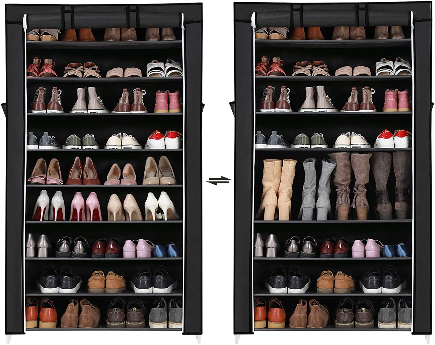 Schuhschrank mit Stoffbezug – 10 Ebenen – Für 45 Paar Schuhe – Mit Reißverschlusstür und Seitenfächern