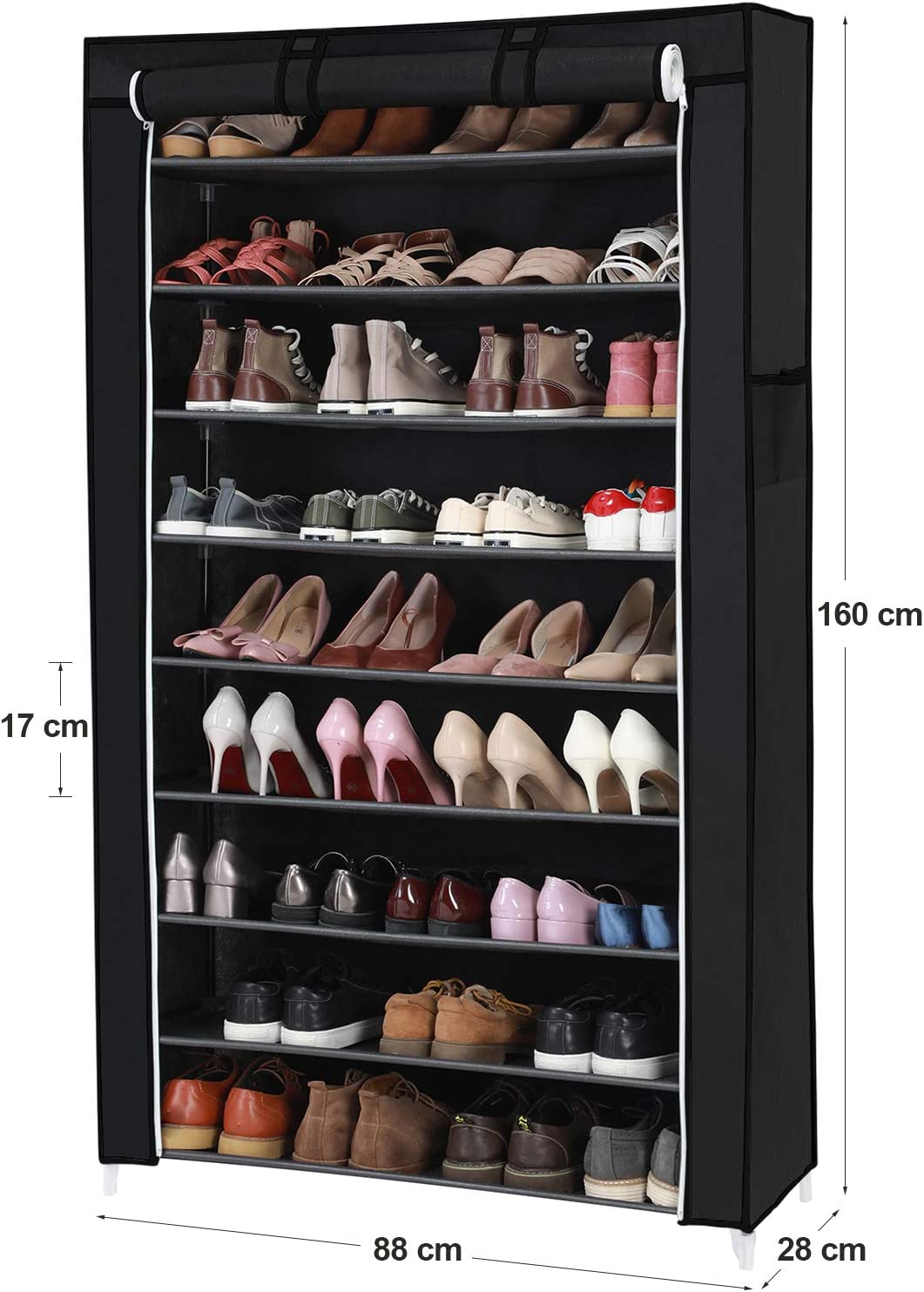 Schuhschrank mit Stoffbezug – 10 Ebenen – Für 45 Paar Schuhe – Mit Reißverschlusstür und Seitenfächern