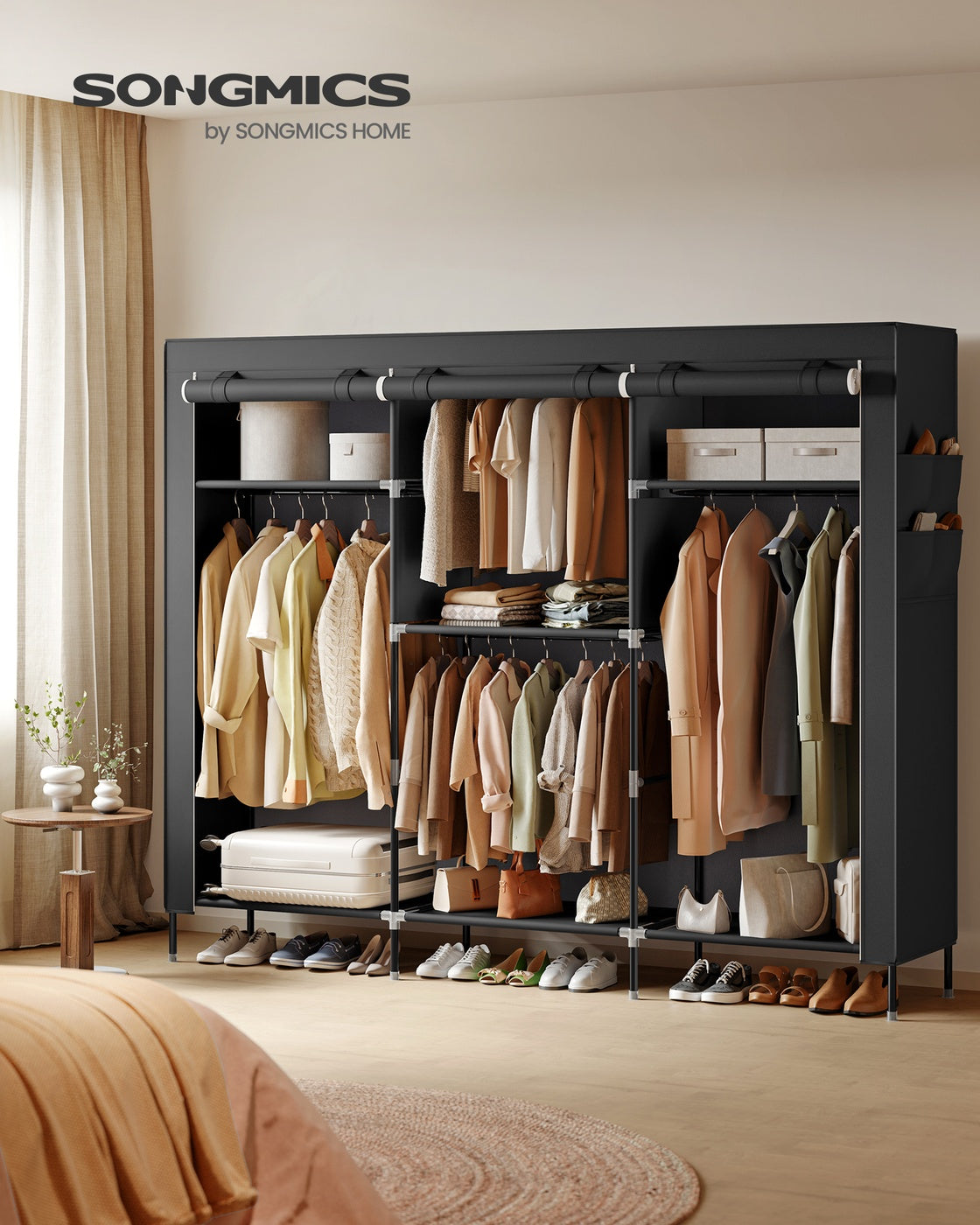 Stoffkleiderschrank – Mit Kleiderstange und Staufächern – Platzsparend – Mit Abdeckung