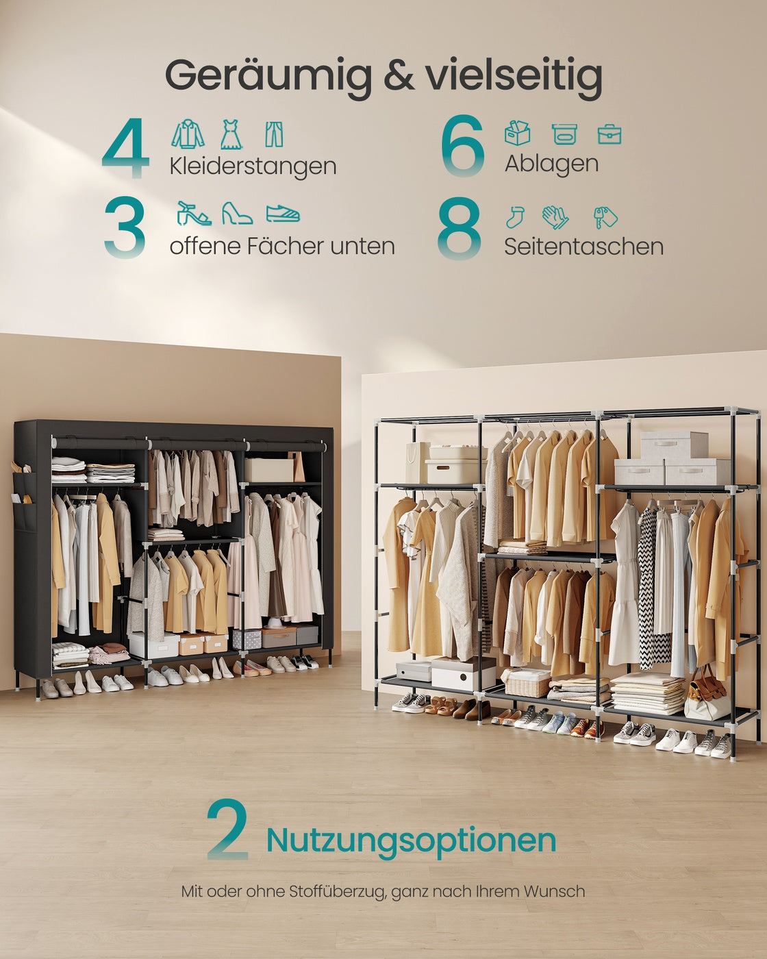 Stoffkleiderschrank – Mit Kleiderstange und Staufächern – Platzsparend – Mit Abdeckung