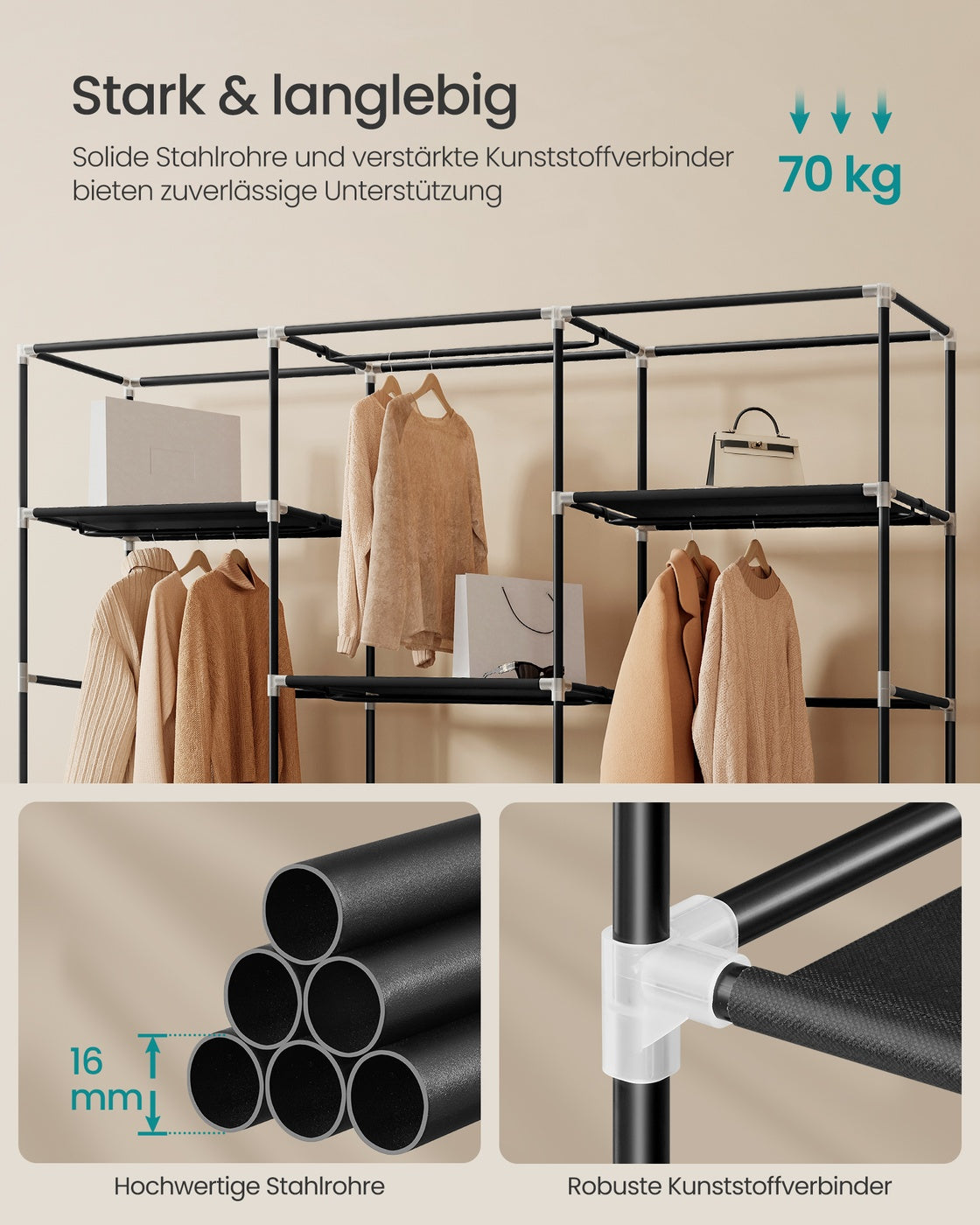 Stoffkleiderschrank – Mit Kleiderstange und Staufächern – Platzsparend – Mit Abdeckung