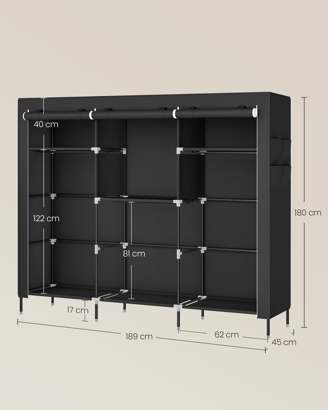 Stoffkleiderschrank – Mit Kleiderstange und Staufächern – Platzsparend – Mit Abdeckung