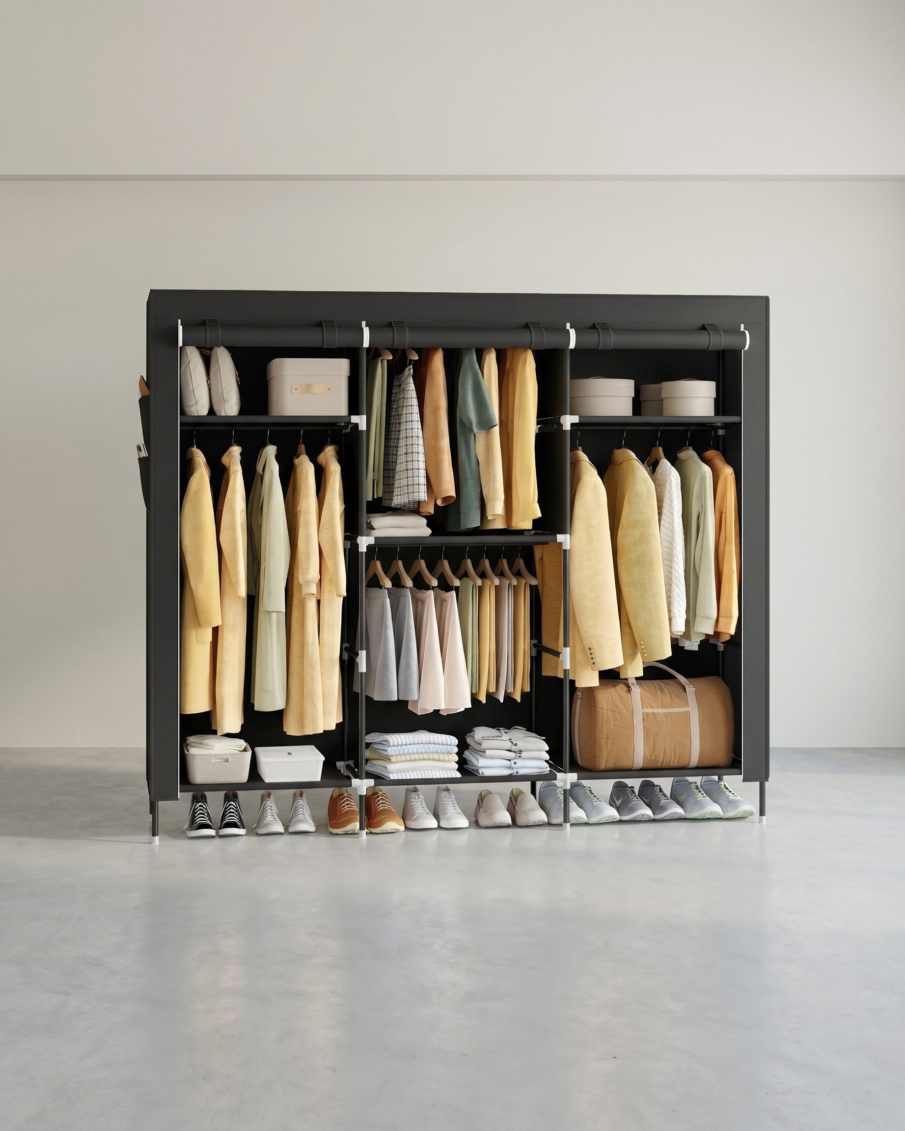 Stoffkleiderschrank – Mit Kleiderstange und Staufächern – Platzsparend – Mit Abdeckung – 127B cm