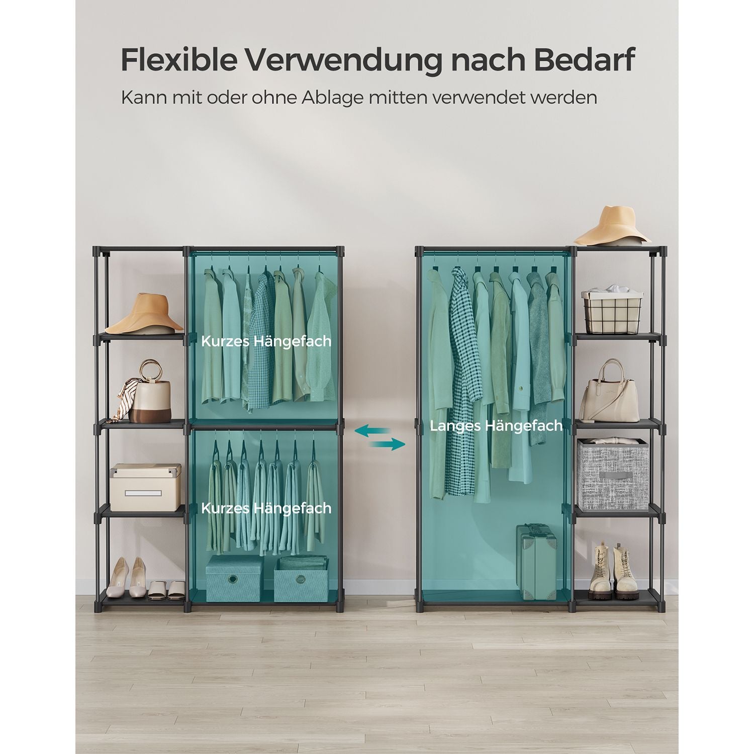 Praktischer Stoffkleiderschrank mit Kleiderstangen und Ablageflächen