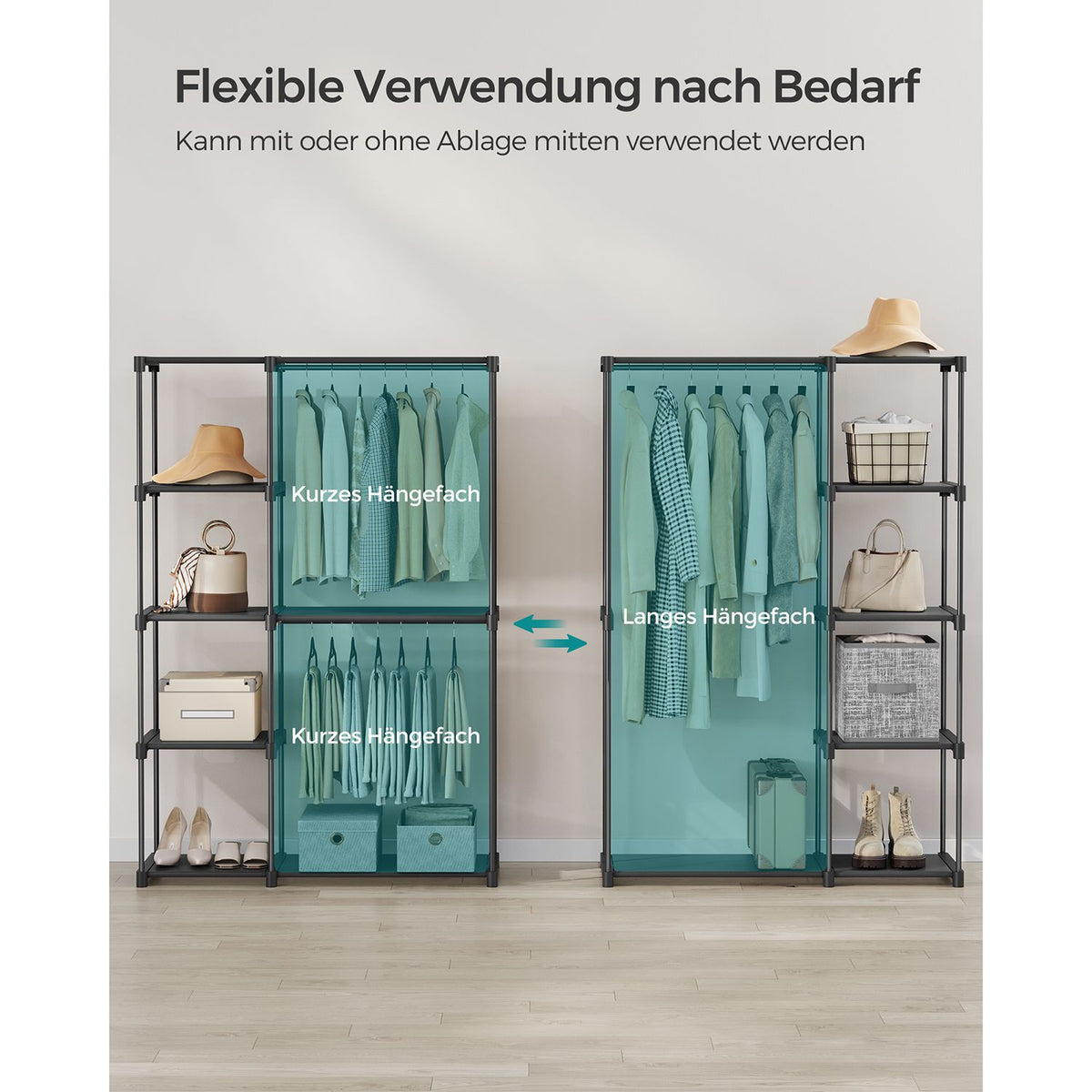 Praktischer Stoffkleiderschrank mit Kleiderstangen und Ablageflächen
