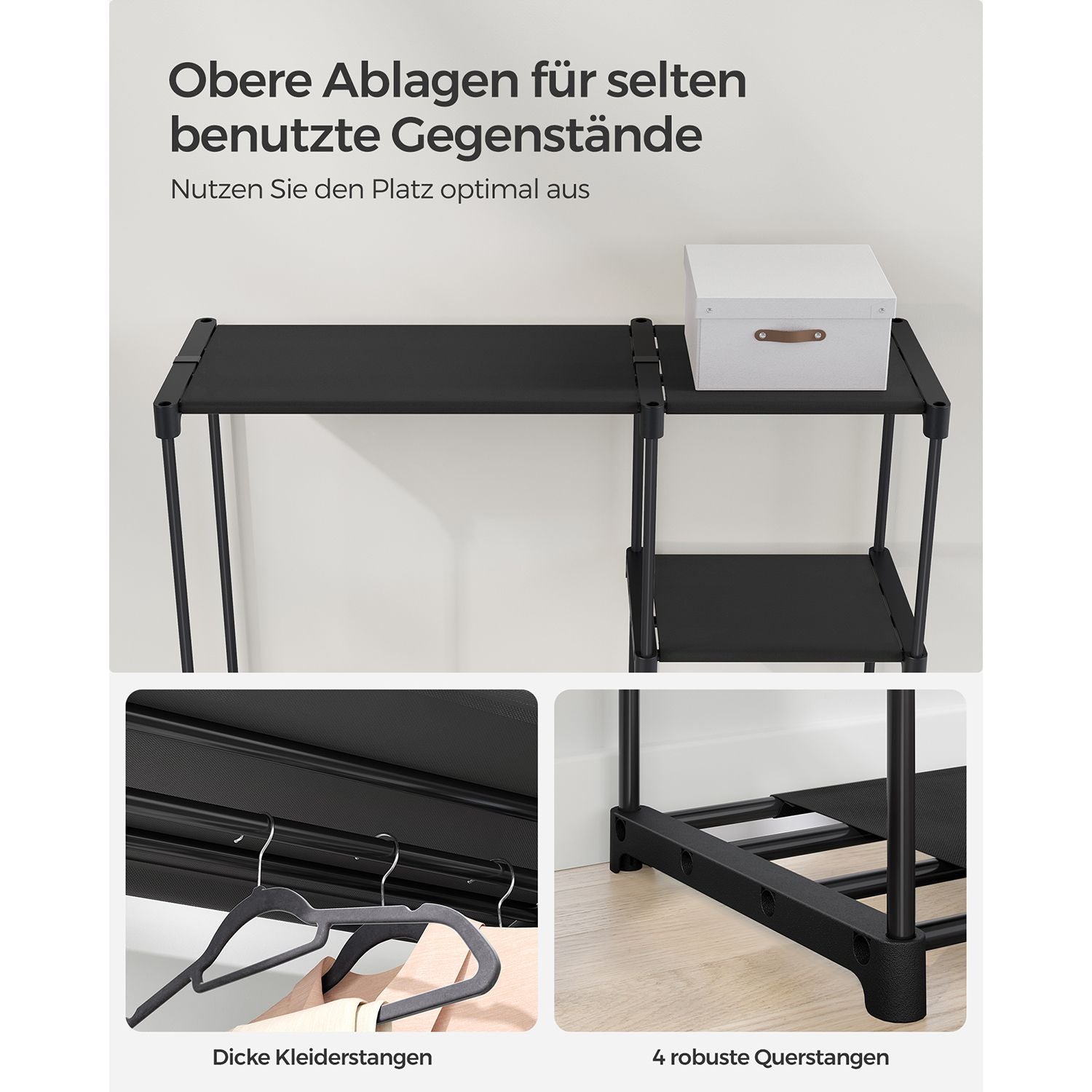 Praktischer Stoffkleiderschrank mit Kleiderstangen und Ablageflächen