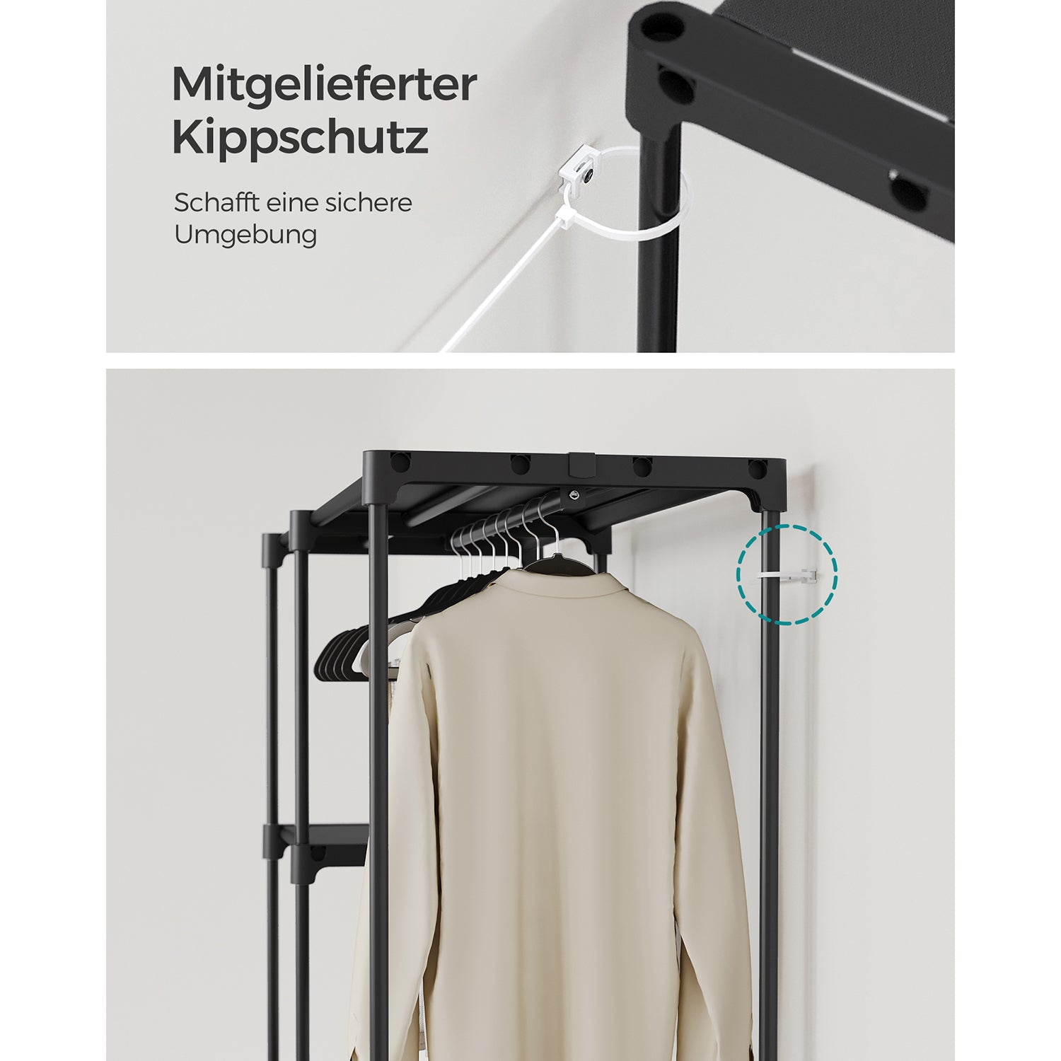 Praktischer Stoffkleiderschrank mit Kleiderstangen und Ablageflächen