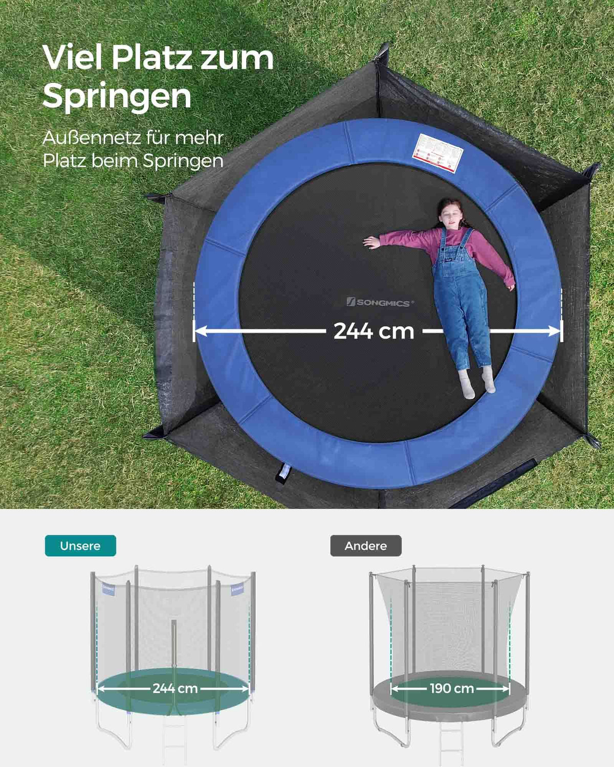 Trampolin mit Sicherheitsnetz – Stabiler Rahmen und gepolsterter Rand