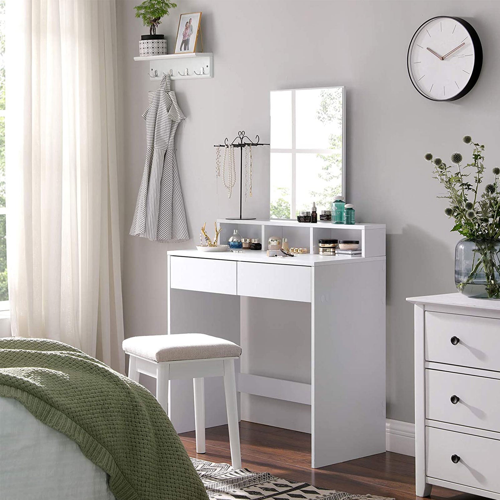 Schminktisch mit Spiegel & Schubladen – Weiß – Frisiertisch 80 cm mit Holzbeinen – für das Schlafzimmer