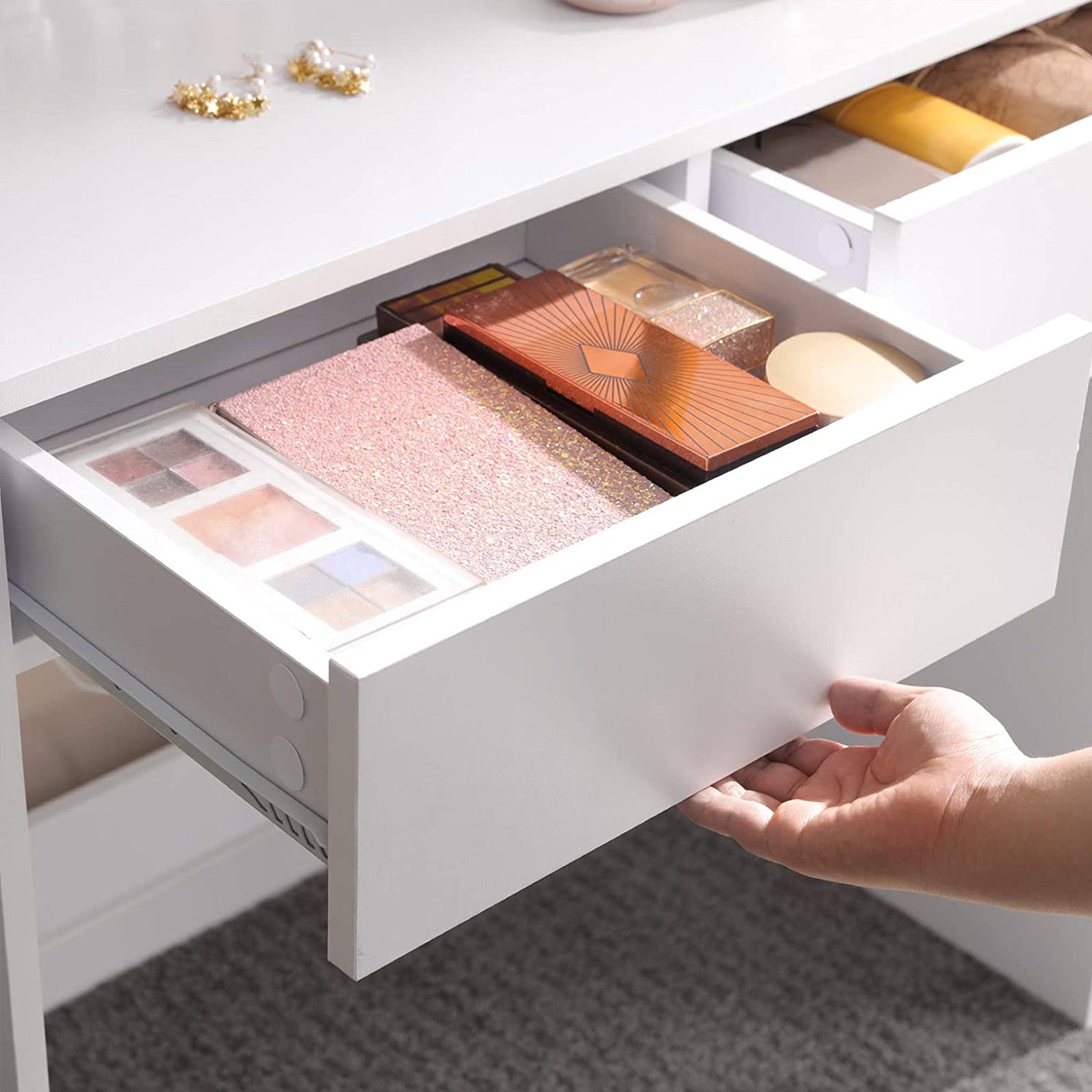 Schminktisch mit Spiegel & Schubladen – Weiß – Frisiertisch 80 cm mit Holzbeinen – für das Schlafzimmer