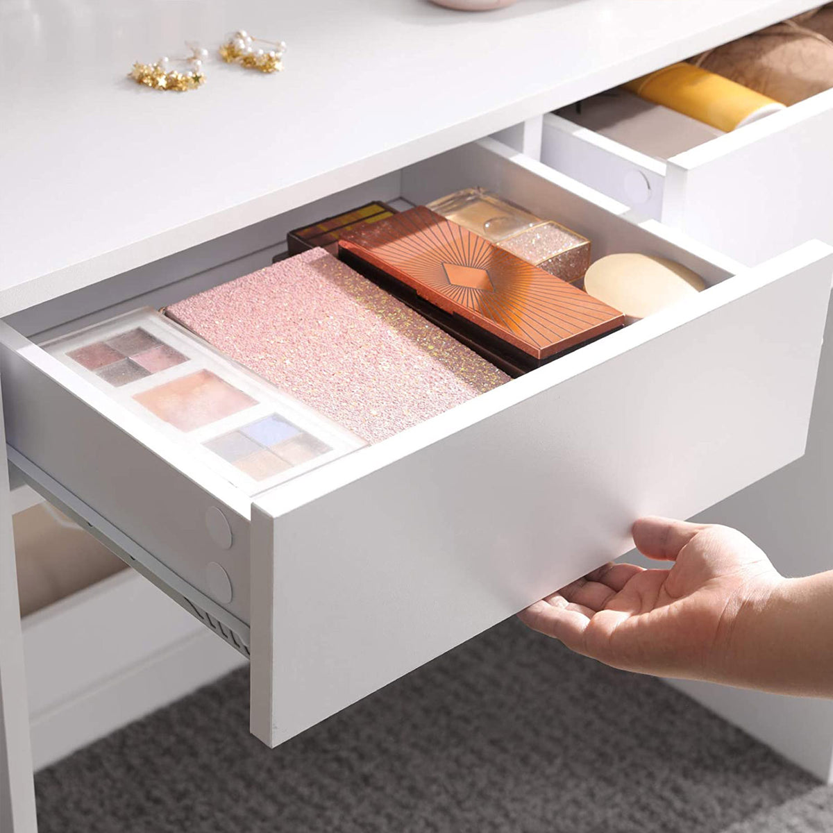 Schminktisch mit Spiegel & Schubladen – Weiß – Frisiertisch 80 cm mit Holzbeinen – für das Schlafzimmer