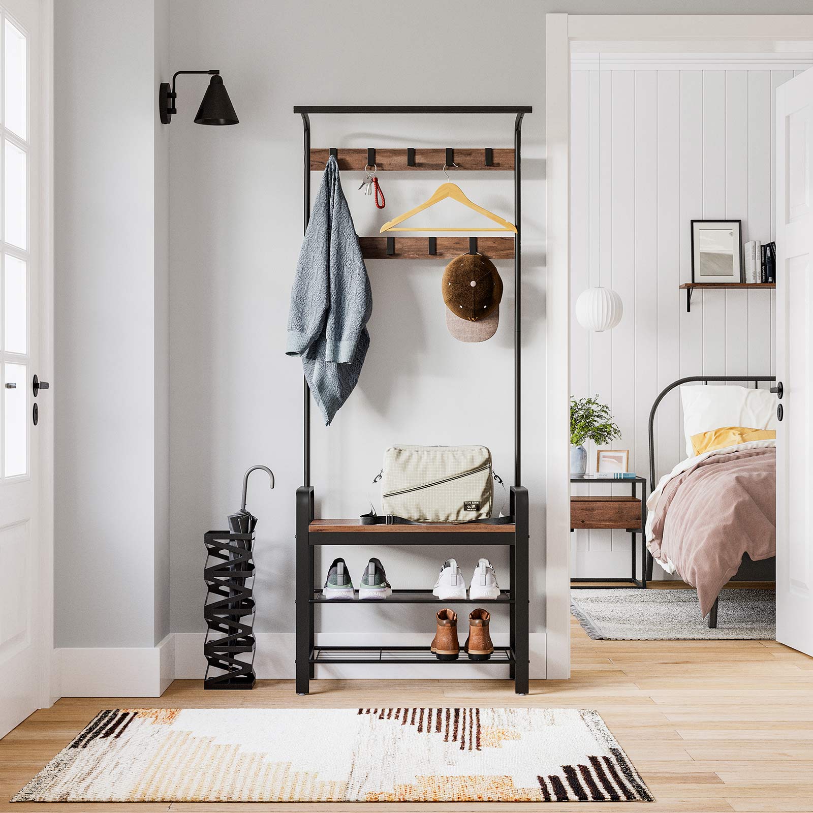 Garderobe mit Schuhregal & Sitzbank – Industriedesign Holz & Metall – 9 Haken + Kleiderstange – Flurmöbel