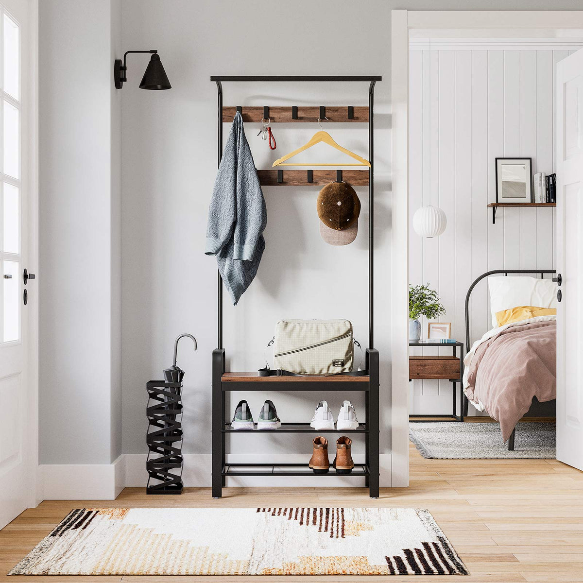 Garderobe mit Schuhregal & Sitzbank – Industriedesign Holz & Metall – 9 Haken + Kleiderstange – Flurmöbel