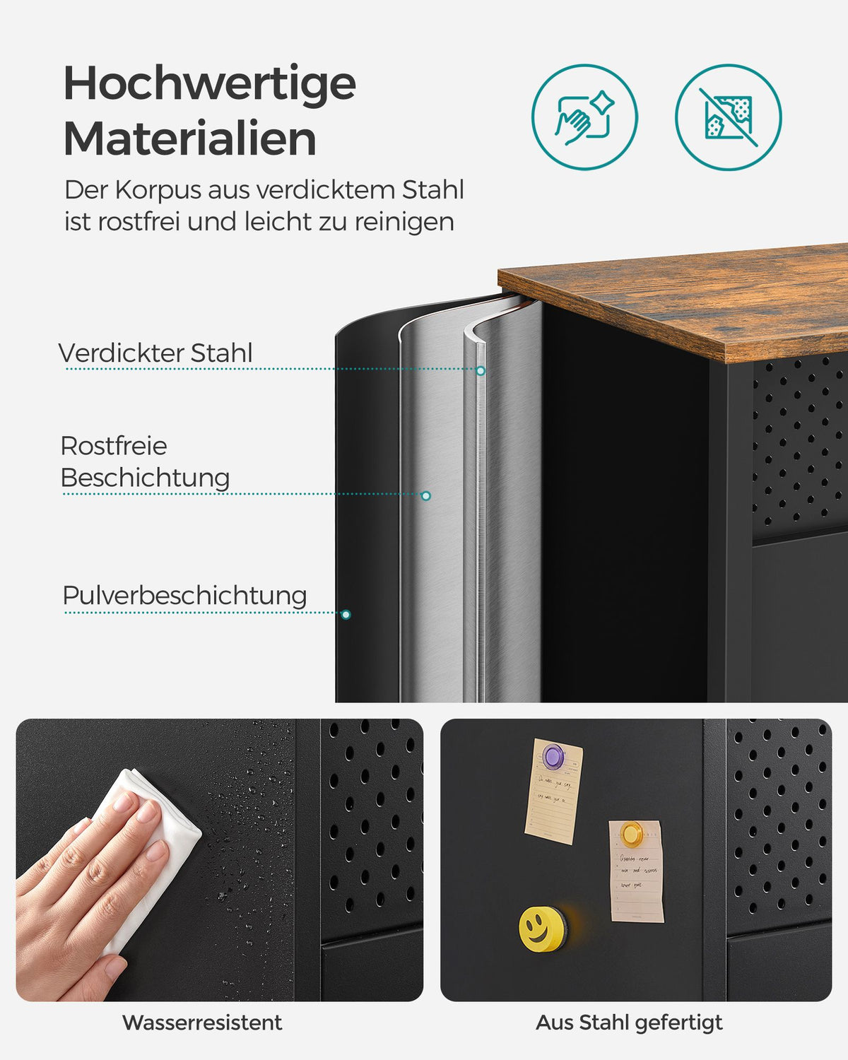 Aufbewahrungsschrank mit 2 Türen – Industriestahl mit Holzplatte – mit verstellbarem Boden