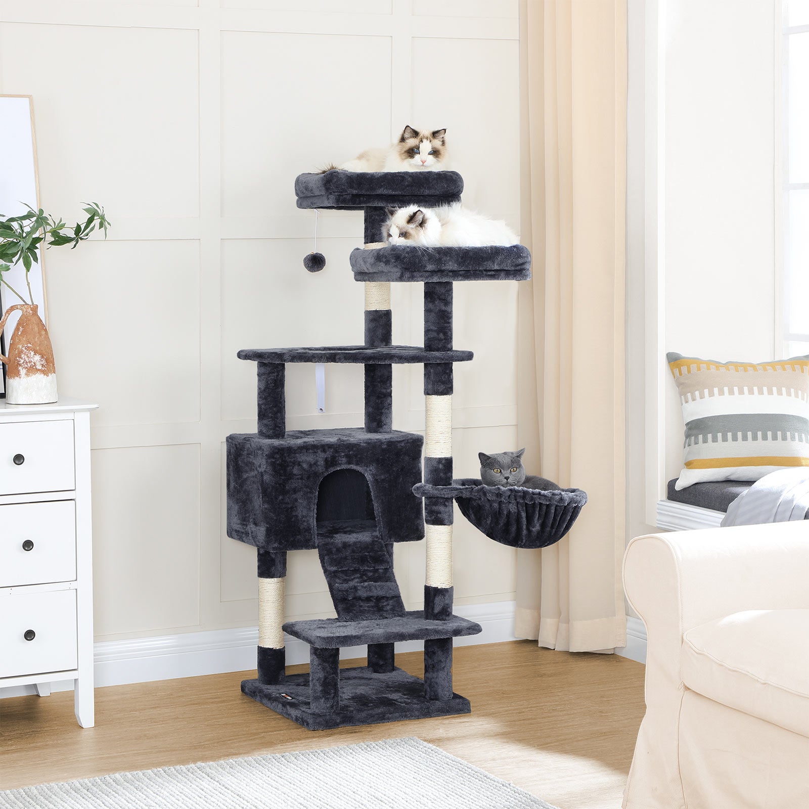 Kratzbaum mit Häuschen, Liegefläche und Spielball – 142 cm hoch – Stabile Konstruktion mit Sisalpfosten