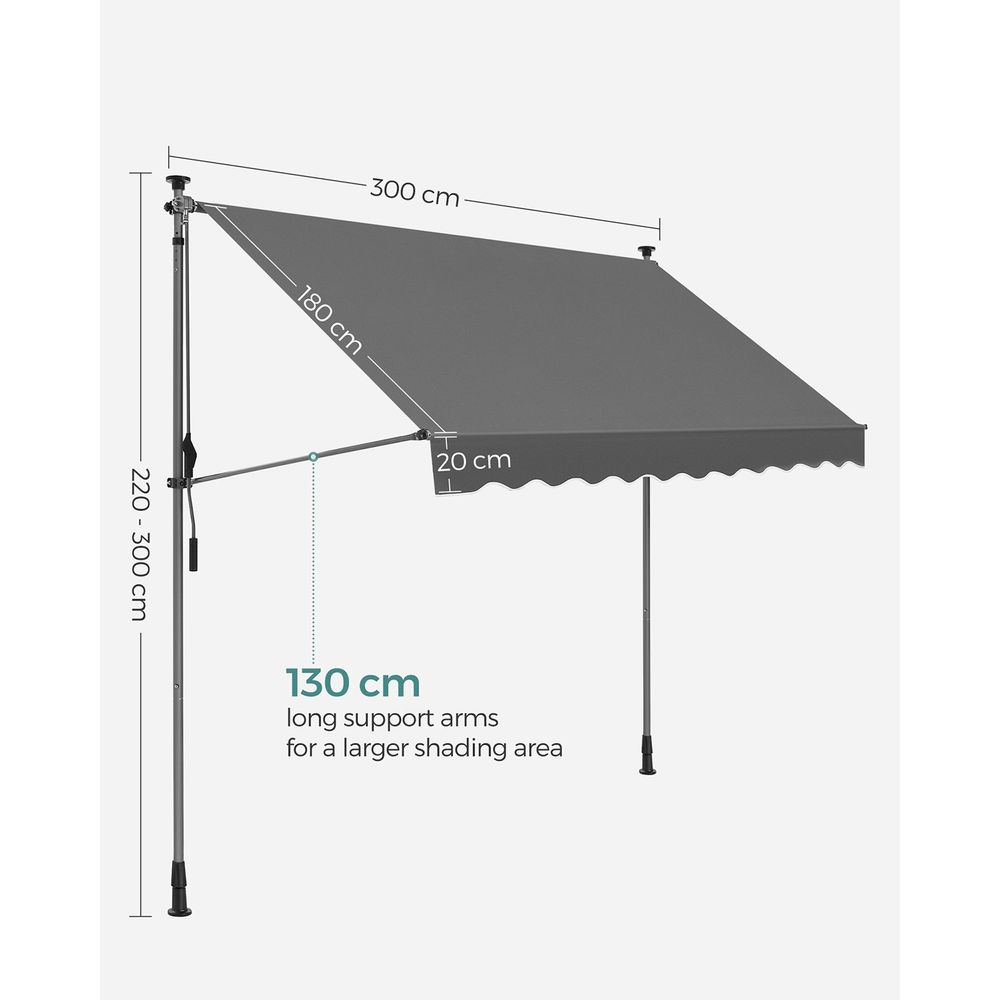 Balkonmarkise 300 x 130 cm - Höhenverstellbare Klemmmarkise - Montagefrei