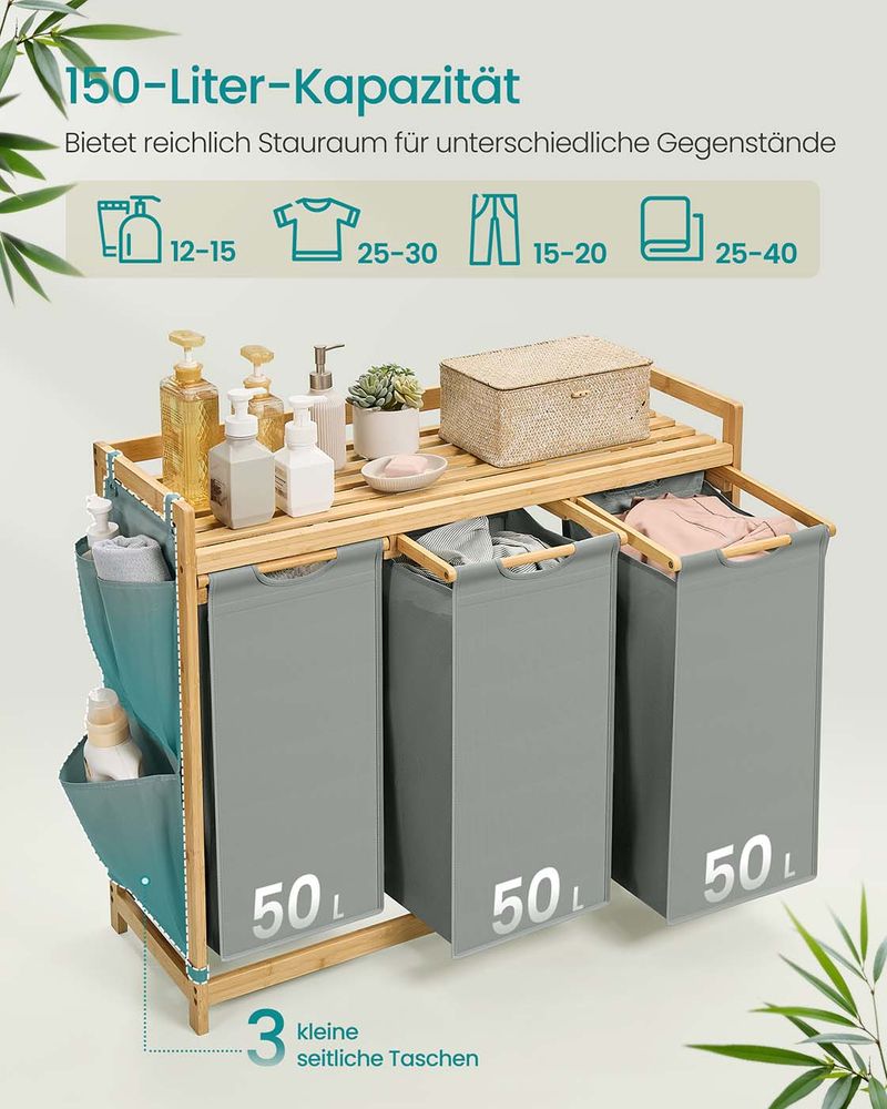 Bamboe Wasmand met 3 Vakken - 150 Liter - De Vries Meubels