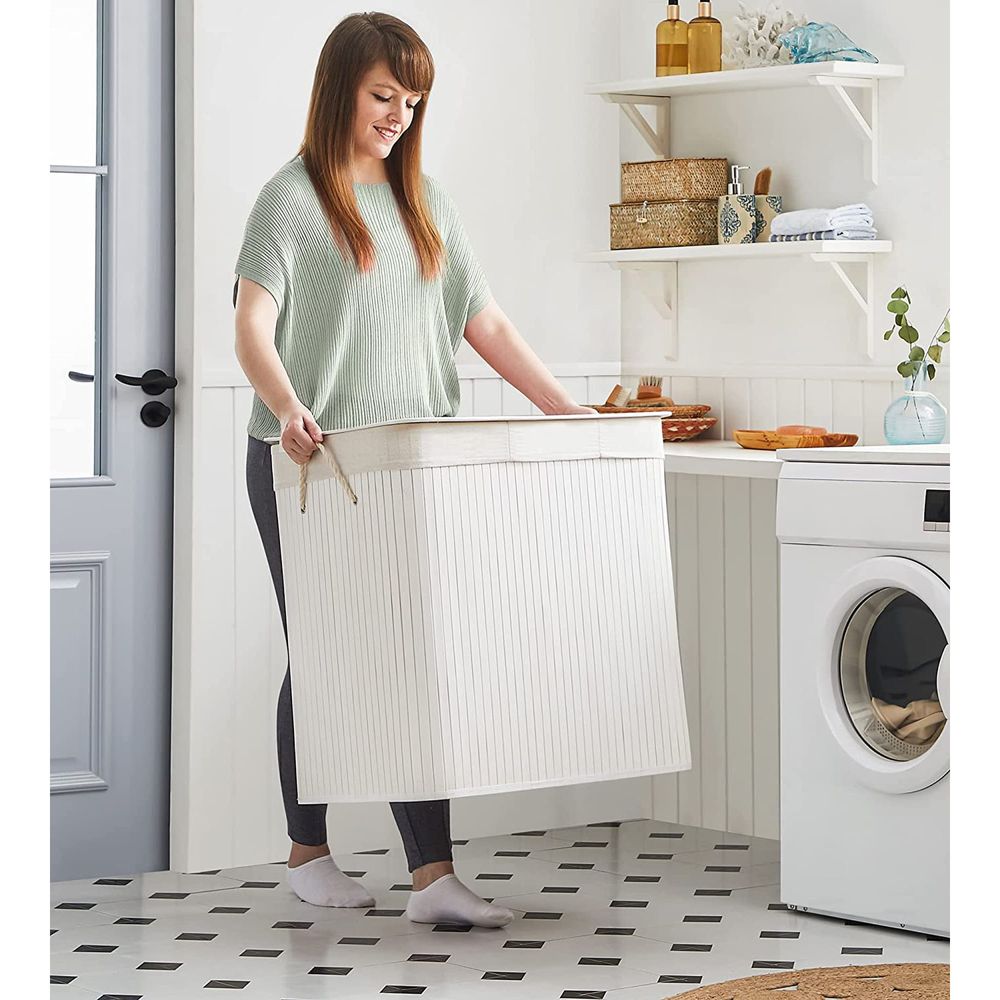 Bamboe Wasmand met Deksel en 3 Vakken - 150 Liter - De Vries Meubels