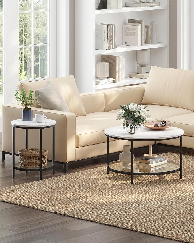 Bijzettafel Marmerlook - Nachtkastje met 2 niveaus - Gehard glas - Woonkamer - Slaapkamer - De Vries Meubels