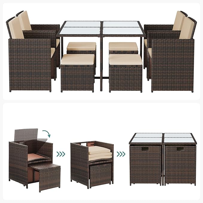 Komplettes Gartenmöbel-Set – Polyrattan-Stühle + Tisch – Terrassenset mit Kissen