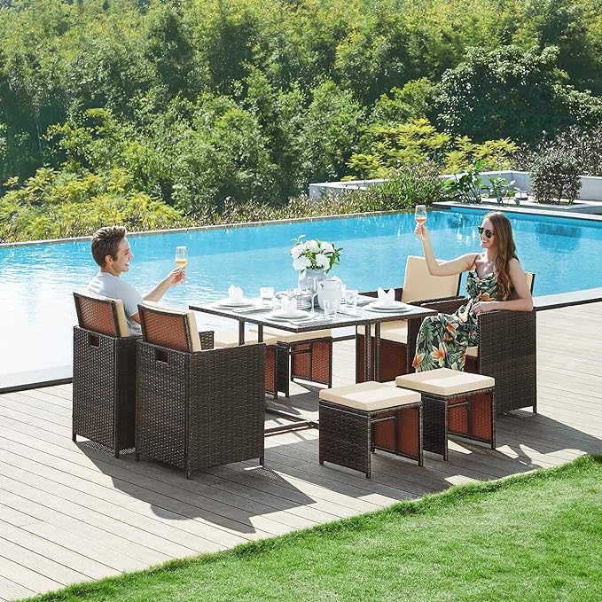 Komplettes Gartenmöbel-Set – Polyrattan-Stühle + Tisch – Terrassenset mit Kissen