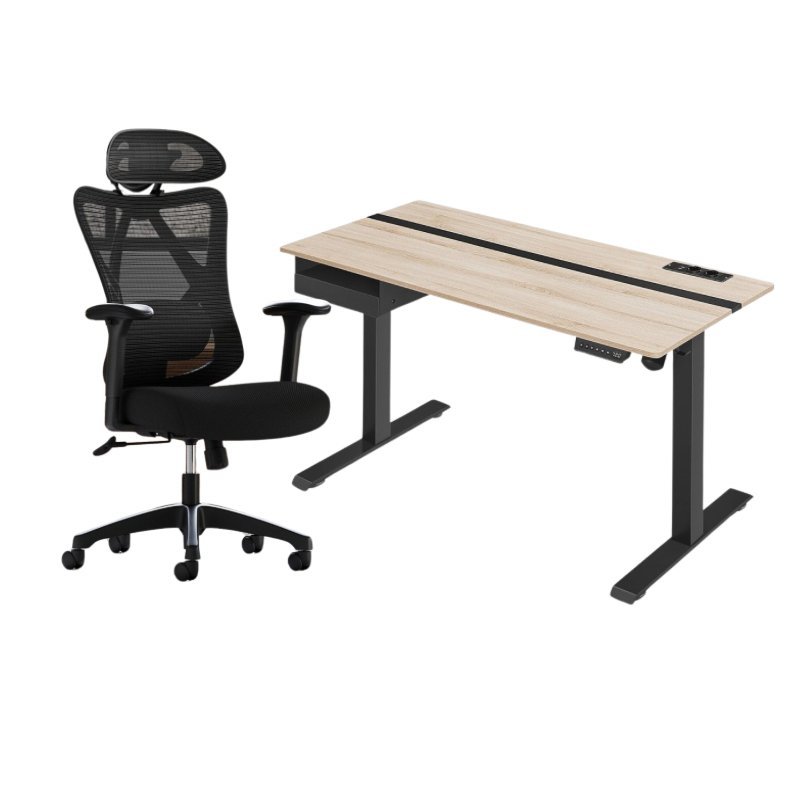 Kompletter Arbeitsplatz – Elektrischer Stehschreibtisch + ergonomischer Bürostuhl – mit Memory-Funktion – Steckdose – verstellbare Rücken- und Armlehnen