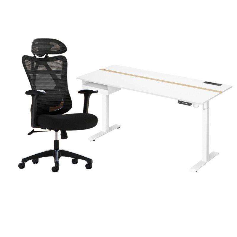 Kompletter Arbeitsplatz – Elektrischer Stehschreibtisch + ergonomischer Bürostuhl – mit Memory-Funktion – Steckdose – verstellbare Rücken- und Armlehnen