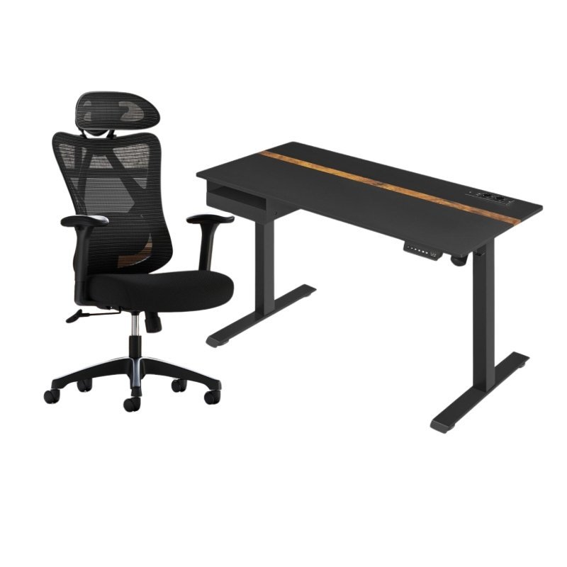 Kompletter Arbeitsplatz – Elektrischer Stehschreibtisch + ergonomischer Bürostuhl – mit Memory-Funktion – Steckdose – verstellbare Rücken- und Armlehnen