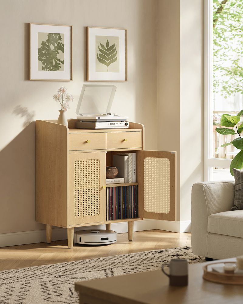 Dressoir - Stijlvolle Opbergkast met Rotan & Massief Houten Poten - De Vries Meubels