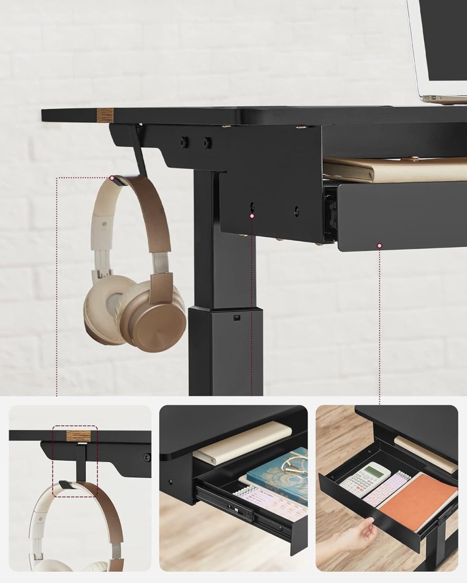 Elektrische Sta Bureau met Geheugenfunctie - Stopcontact - met Lade en Haken - Zit Sta Bureau - De Vries Meubels