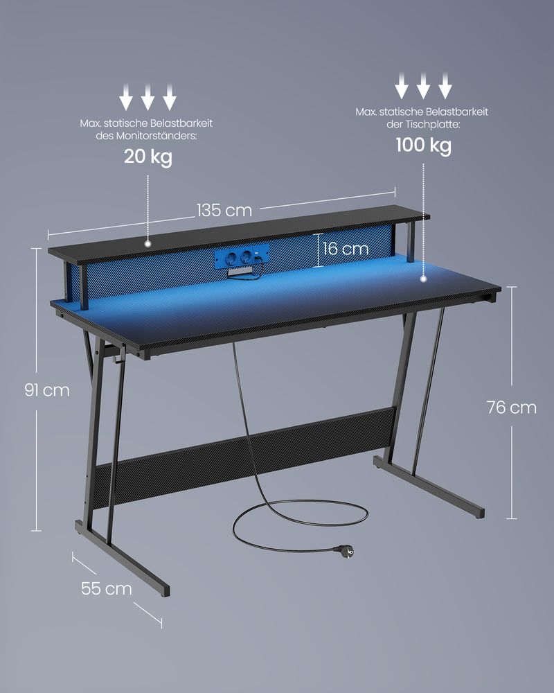 Gamebureau met LED - Gaming Tafel met Stopcontact en USB - aansluiting - De Vries Meubels