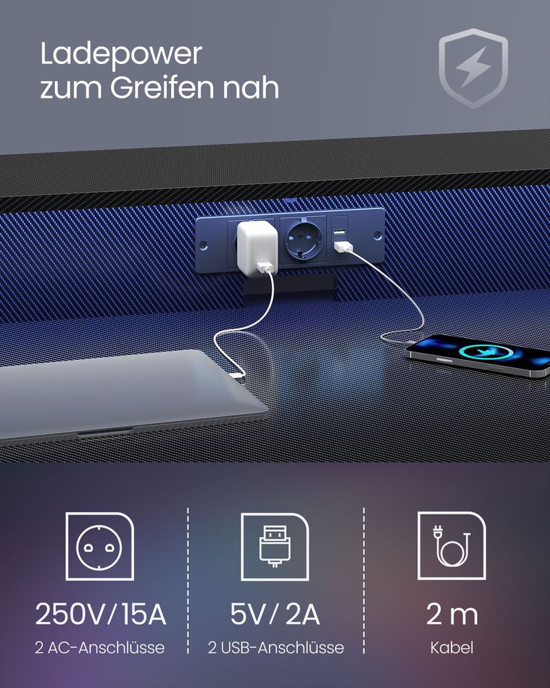 Gamebureau met LED - Gaming Tafel met Stopcontact en USB - aansluiting - De Vries Meubels