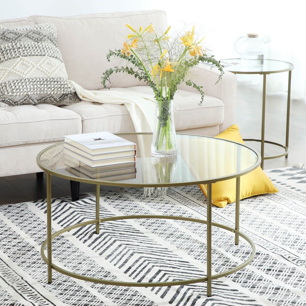 Goldener Couchtisch mit Platte aus gehärtetem Glas – runder Tisch