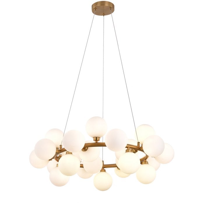 Pendelleuchte mit weißen Glasbechern – Moderne Designlampe – Goldener Messingrahmen