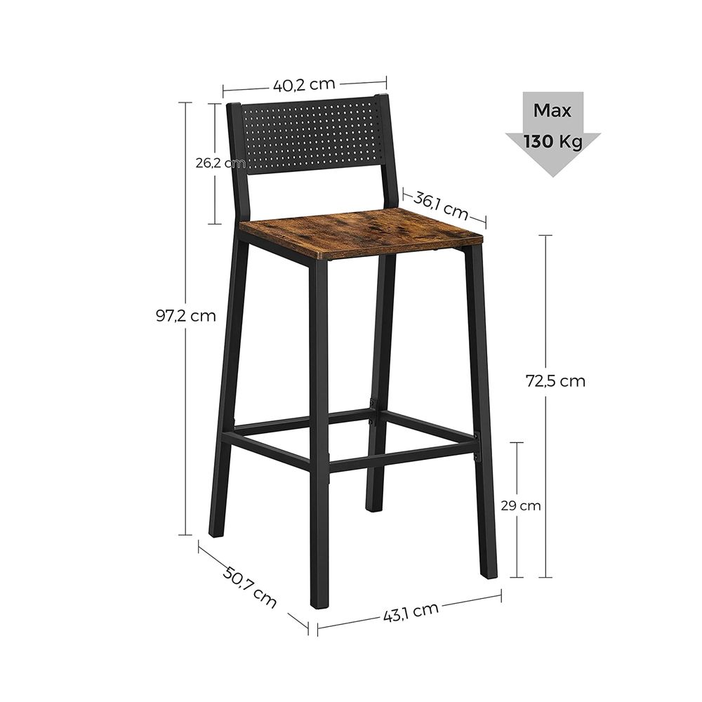 Industrieller Barstuhl 2er-Set - Vintage-Holzoptik - Mit Rückenlehne