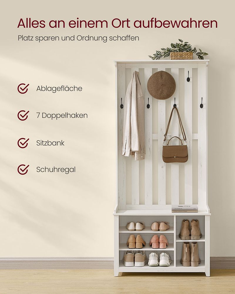 Kapstok met Schoenenrek en Bankje - 7 Dubbele haken en verstelbare planken - De Vries Meubels