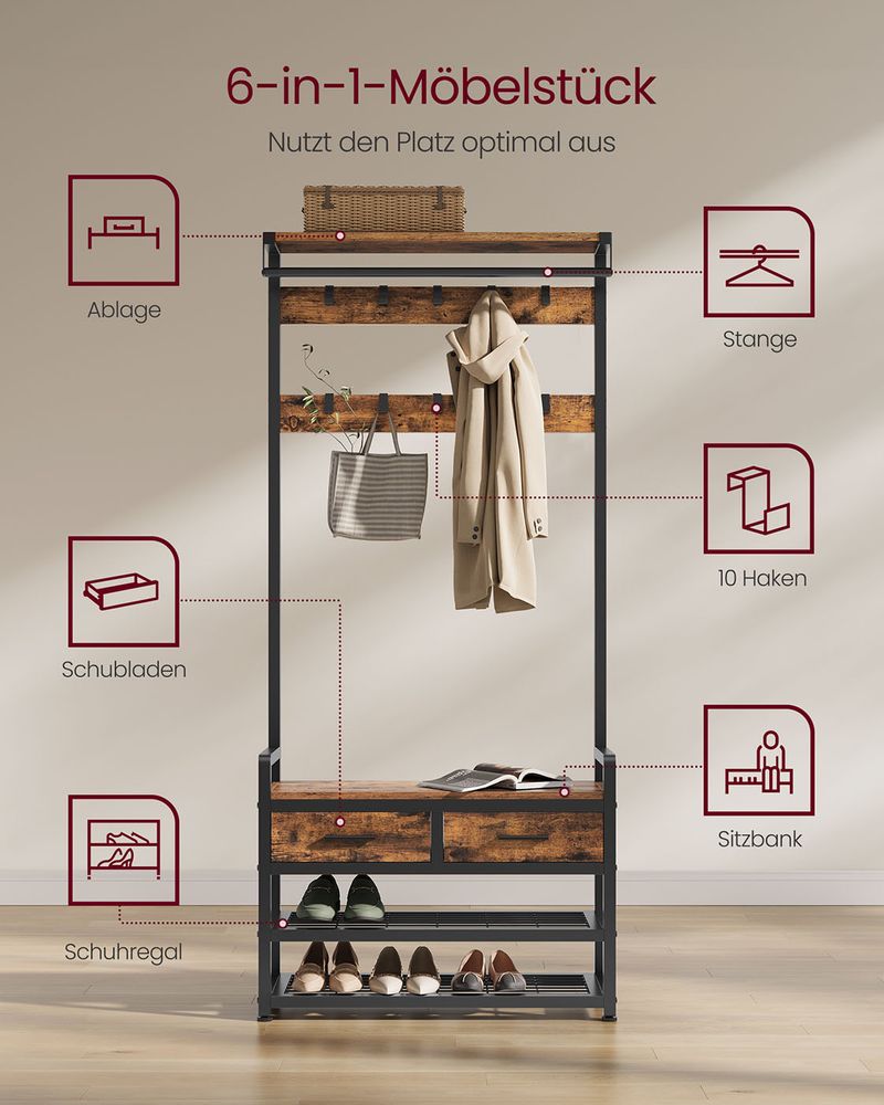 Kapstok met Schoenenrek, Lades en Kledingroede – 6 - in - 1 Halmeubel - De Vries Meubels