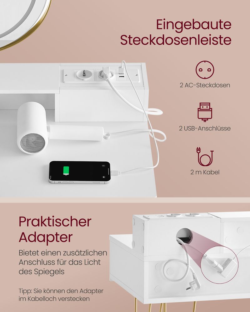 Kaptafel met Kruk - LED Verlichte Spiegel - Luxe Make - up Tafel - De Vries Meubels