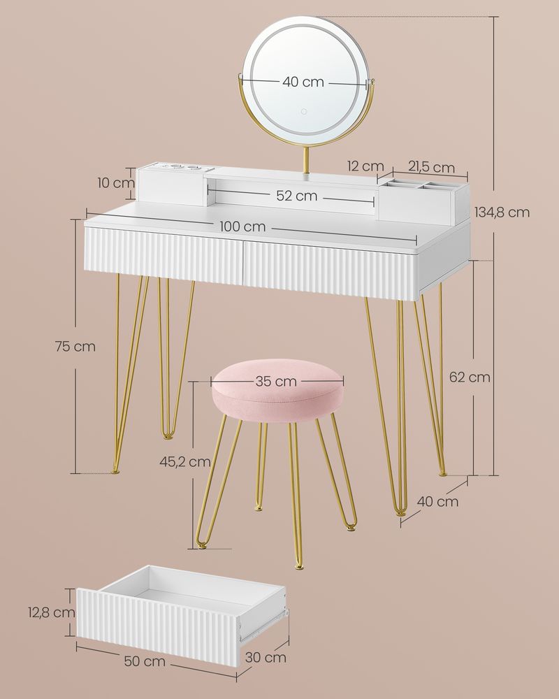 Kaptafel met Kruk - LED Verlichte Spiegel - Luxe Make - up Tafel - De Vries Meubels