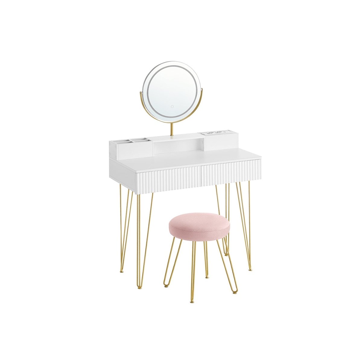 Kaptafel met Kruk - LED Verlichte Spiegel - Luxe Make - up Tafel - De Vries Meubels