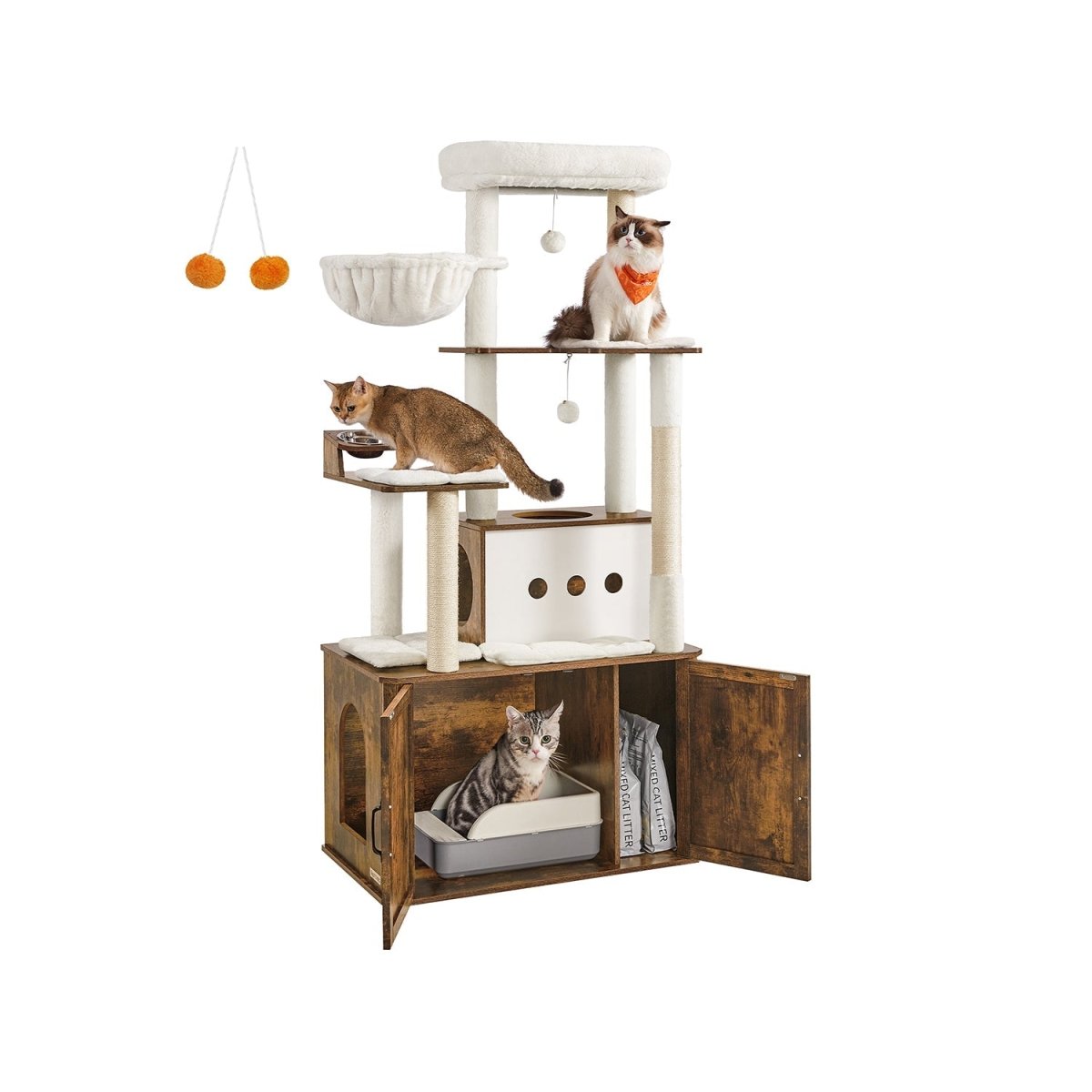 Kattenkrabpaal 170 cm - Grote Krabpaal met Kattenhuis - Verhoogde Voerbakken & Opbergruimte - De Vries Meubels