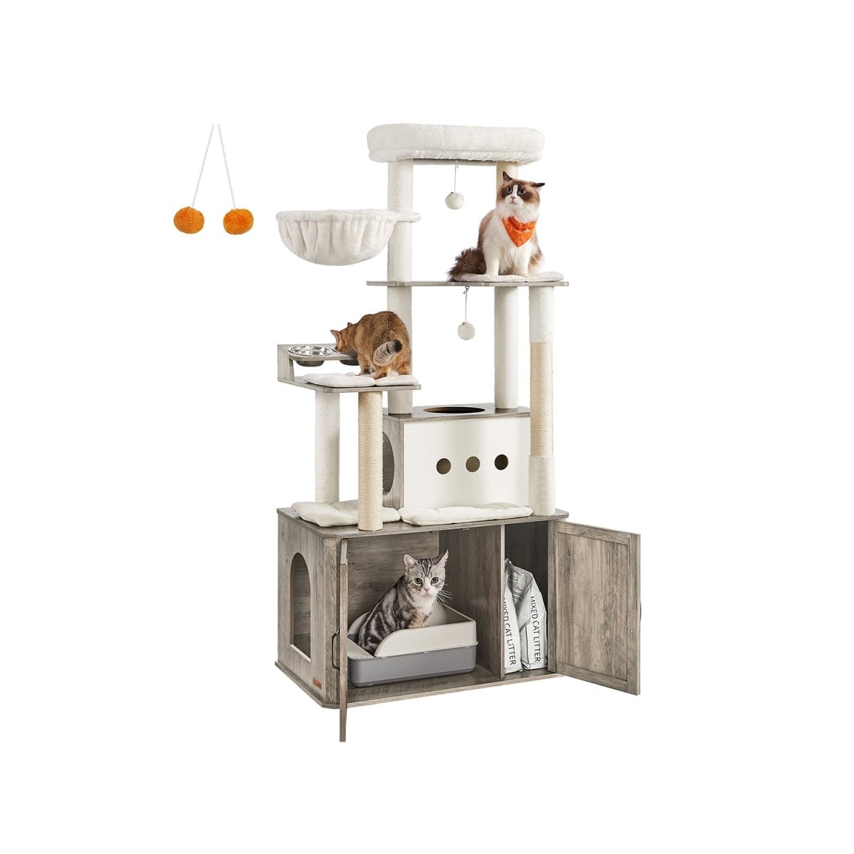 Kattenkrabpaal 170 cm - Grote Krabpaal met Kattenhuis - Verhoogde Voerbakken & Opbergruimte - De Vries Meubels