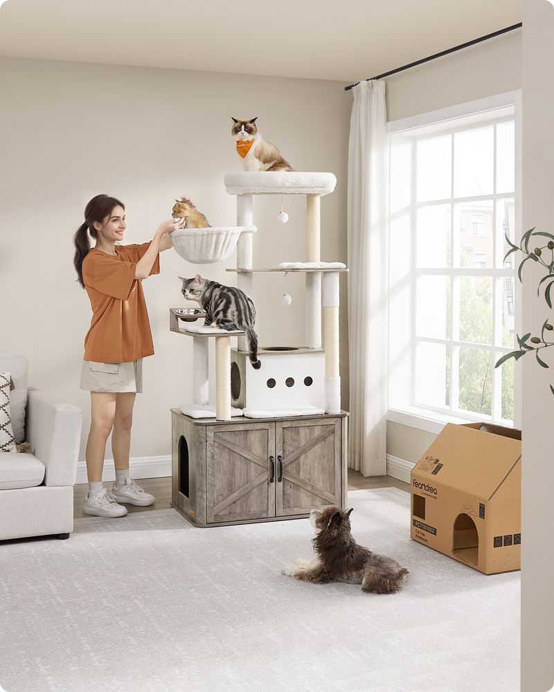 Kattenkrabpaal 170 cm - Grote Krabpaal met Kattenhuis - Verhoogde Voerbakken & Opbergruimte - De Vries Meubels