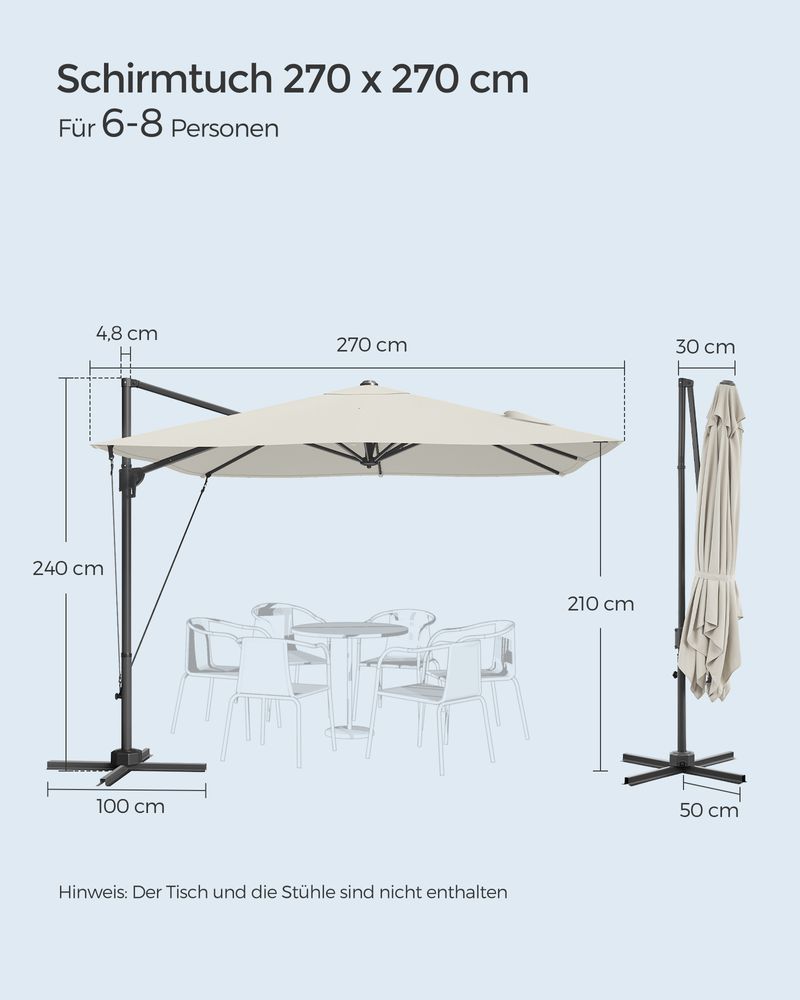Zweefparasol 270 x 270 cm - Compleet Verstelbaar en 360° draaibaar - De Vries Meubels