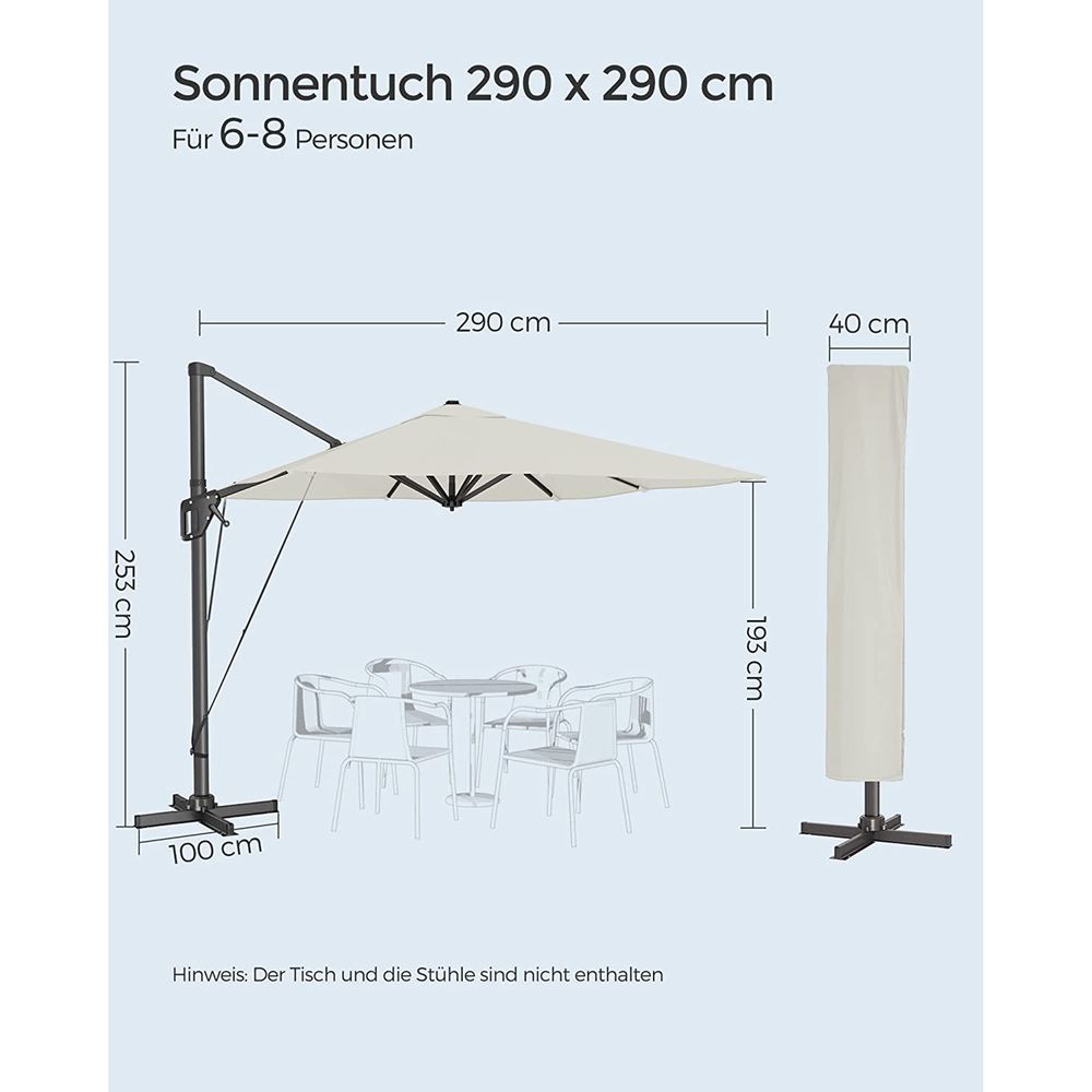 Freiarm-Sonnenschirm 290 x 290 cm – 360° drehbar – Neigungswinkel verstellbar – UPF 50+ – mit Ständer und Schutzhülle